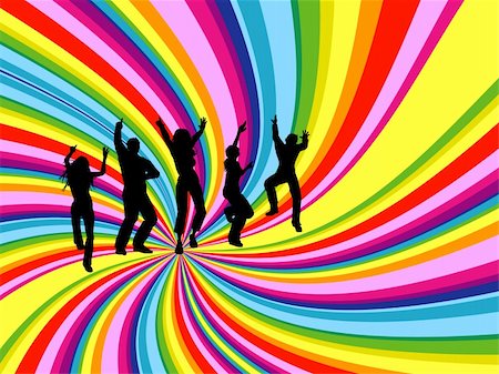 Silhouettes of people dancing on rainbow twirl background Stock Photo - Budget Royalty-Free & Subscription, Code: 400-04088173