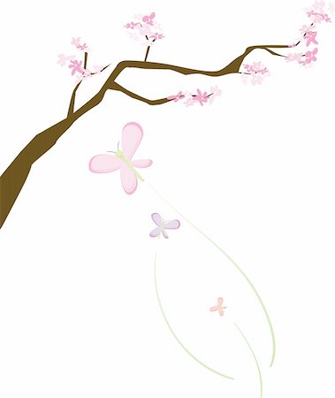 slirette (artist) - Illustration of a cherry blossoms on a single branch with butterflies flying Stockbilder - Microstock & Abonnement, Bildnummer: 400-04088920