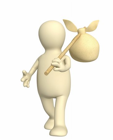 simsearch:400-04557469,k - 3d traveller - puppet, carrying bag on a stick. Objects over white Stock Photo - Budget Royalty-Free & Subscription, Code: 400-04089504