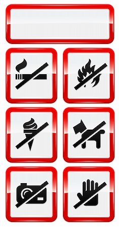 smoking prohibited sign symbol image - set of icons forbidding smoking, fire, dog, ice-cream, photo, hand touch. Stock Photo - Budget Royalty-Free & Subscription, Code: 400-04080076