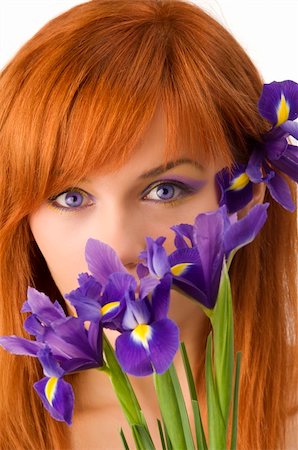 beauty portrait of young redhead woman hidding face behind flowers Stock Photo - Budget Royalty-Free & Subscription, Code: 400-04080477