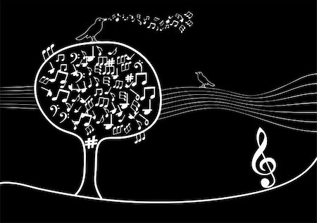 musical tree with notes inside and bird white on black illustration Stock Photo - Budget Royalty-Free & Subscription, Code: 400-04081073