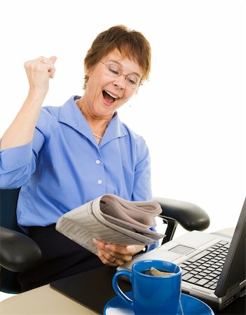 relieved excited person - Business woman very excited about good news in the financial section of the newspaper.  Isolated on white. Stock Photo - Budget Royalty-Free & Subscription, Code: 400-04082069