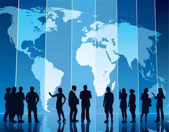 People are standing in front of a large map, conceptual business illustration. The base map is from Central Intelligence Agency Web site. Stock Photo - Royalty-Free, Artist: Kamaga, Image code: 400-04082063