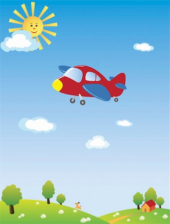 A drawing of an airplane flying high in the blue sky with the yellow sun and blue clouds, a dog running underneath on the hill with green trees and a small house. From the KidColors series. Stock Photo - Budget Royalty-Free & Subscription, Code: 400-04082490