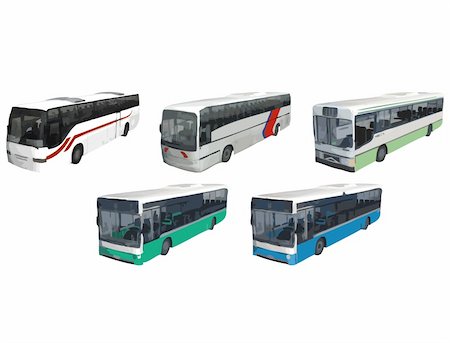 simsearch:400-04000869,k - Two coaches and three buses as vector images. 32 color renders.    Image is available in Adobe Illustration EPS format within a ZIP archive. Each bus object can be up-sized and edited as desired. Stockbilder - Microstock & Abonnement, Bildnummer: 400-04082664