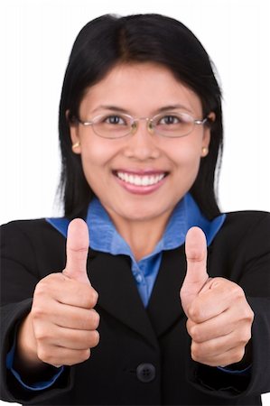 A young woman raise both her thumbs up, shoot against very bright white background that separated from her naturally. Focused mainly oh her thumbs. Foto de stock - Super Valor sin royalties y Suscripción, Código: 400-04082727