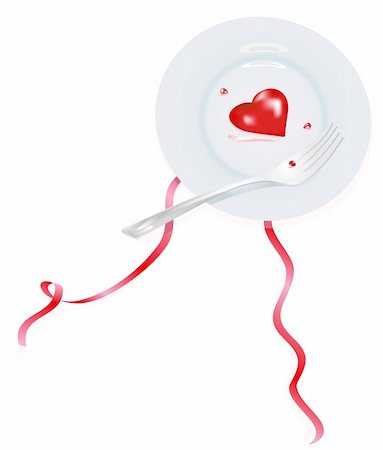 Heart and fork lying on the plate on white background with two red ribbons Foto de stock - Super Valor sin royalties y Suscripción, Código: 400-04083177