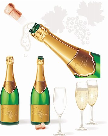popping champagne cork - Detailed vector. Champagne bottle, glasses, cork, splashing champagne, grapes leaves Stock Photo - Budget Royalty-Free & Subscription, Code: 400-04083243