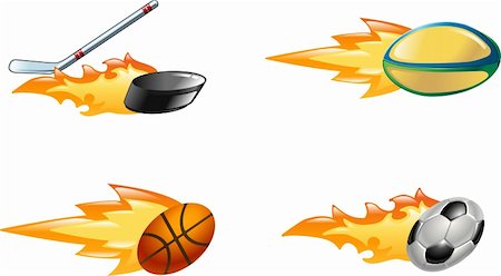 simsearch:400-05115587,k - A glossy shiny flaming sport icon set. Rugby ball, ice hockey stick striking puck, basketball ball and soccer or football ball zooming through the air with flames and fire zooming out the back Foto de stock - Royalty-Free Super Valor e Assinatura, Número: 400-04097107