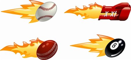 A glossy shiny flaming sport icon set. Baseball ball, boxing glove, cricket ball and black pool eight ball flying fast through the air with flames and fire shooting out the back Foto de stock - Super Valor sin royalties y Suscripción, Código: 400-04097110