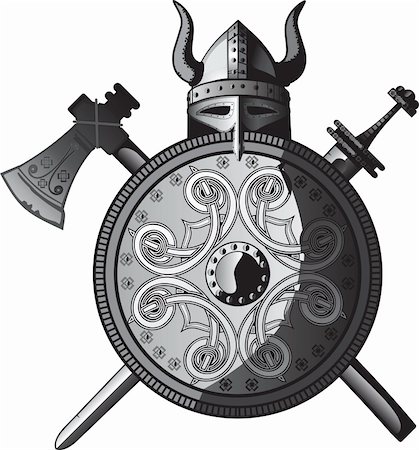 shield sword - Helmet, sword, axe and Shield of Vikings. Vector illustration Stock Photo - Budget Royalty-Free & Subscription, Code: 400-04098351