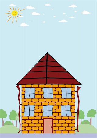 Summer landscape with cartoon house and smiling sun Fotografie stock - Microstock e Abbonamento, Codice: 400-04098375