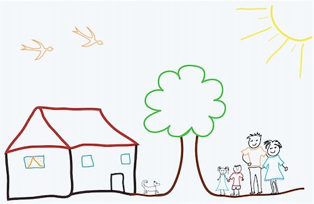 child drawing reprensting a happy family with parents and children Stock Photo - Budget Royalty-Free & Subscription, Code: 400-04099729
