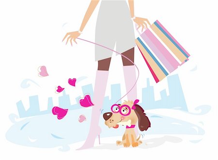 fashion dog cartoon - Lady with her lady Dog on shopping in the town. Vector illustration. Stock Photo - Budget Royalty-Free & Subscription, Code: 400-04099807