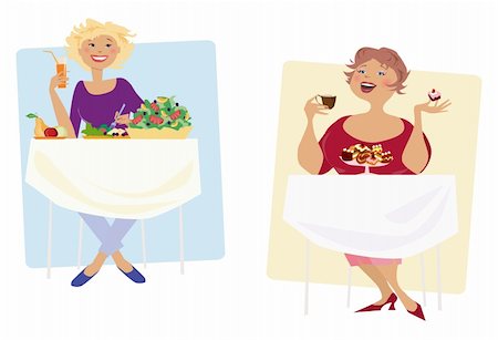 fat lady eating cake - A vector illustration of two different diets Stock Photo - Budget Royalty-Free & Subscription, Code: 400-04090023