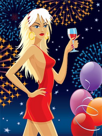 red colour background with white fireworks - Blond hair girl in a red dress celebrating. Stock Photo - Budget Royalty-Free & Subscription, Code: 400-04090459