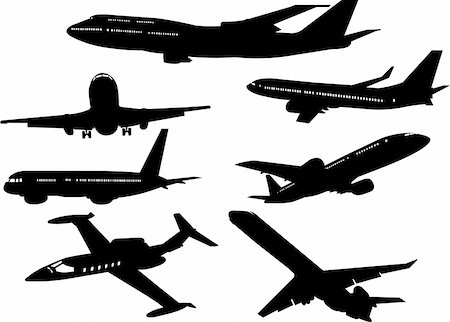 plane silhouette side - Collection of  airplanes silhouettes from different angles Stock Photo - Budget Royalty-Free & Subscription, Code: 400-04092275
