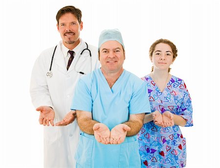 simsearch:400-05088212,k - Medical team holding their hands open indicating caring and acceptance.  Isolated on white. Stock Photo - Budget Royalty-Free & Subscription, Code: 400-04092286