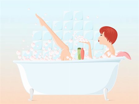 Pretty young girl taking bubble bath and playing with bubbles. File compatible with Adobe illustrator 8. All key objects are grouped and well named so they can be easely separated and manipulated Stock Photo - Budget Royalty-Free & Subscription, Code: 400-04093468