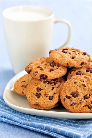 simsearch:400-06643567,k - Plate of chocolate chip cookies with milk Stockbilder - Microstock & Abonnement, Bildnummer: 400-04093612