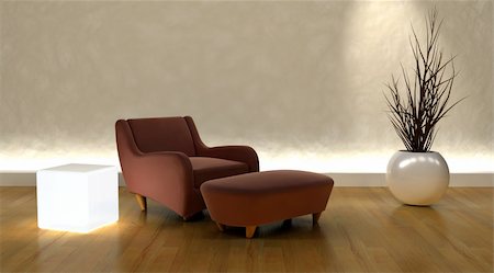 simsearch:400-06075399,k - 3d render of contemporary arm chair and ottoman in moderen setting Stock Photo - Budget Royalty-Free & Subscription, Code: 400-04105228