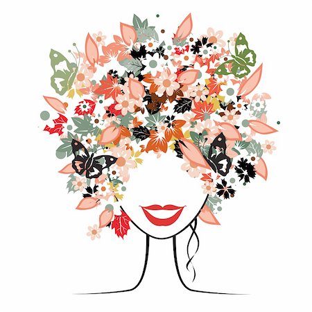 pretty girls face line drawing - Floral hairstyle, beautiful woman for your design Stock Photo - Budget Royalty-Free & Subscription, Code: 400-04105464