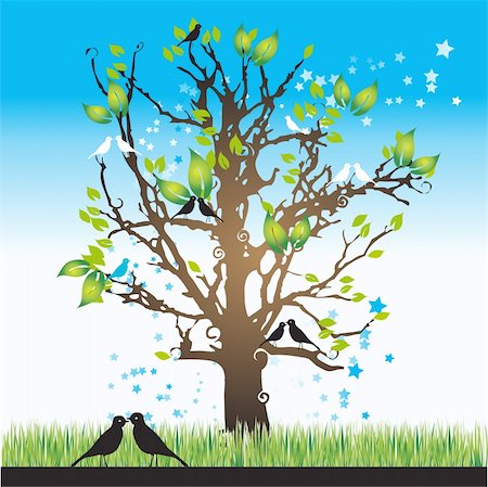 simsearch:400-04597022,k - Tree silhouette spring, birds, vector illustration Stock Photo - Budget Royalty-Free & Subscription, Code: 400-04105476