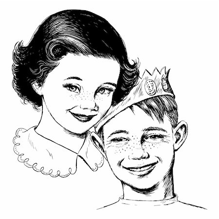 dorisrich (artist) - Vintage 1950s etched-style girl and boy.  Detailed black and white from authentic hand-drawn scratchboard. Stock Photo - Budget Royalty-Free & Subscription, Code: 400-04105984