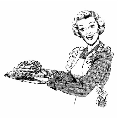 etch - Vintage 1950s etched-style woman serving roast for dinner.  Detailed black and white from authentic hand-drawn scratchboard. Stock Photo - Budget Royalty-Free & Subscription, Code: 400-04105995