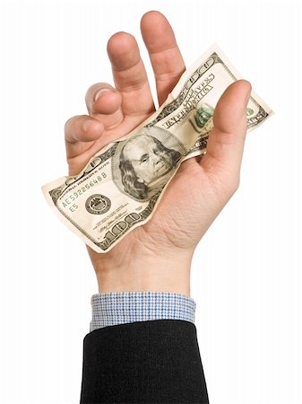 One hundred  dollar bill on a man's hand. Isolated on white. Stock Photo - Budget Royalty-Free & Subscription, Code: 400-04106675