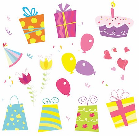 simsearch:400-04199391,k - Birthday vector set. Including birthday gifts, baloon, flower, cake, ribbon and birthday hat. Foto de stock - Super Valor sin royalties y Suscripción, Código: 400-04106846