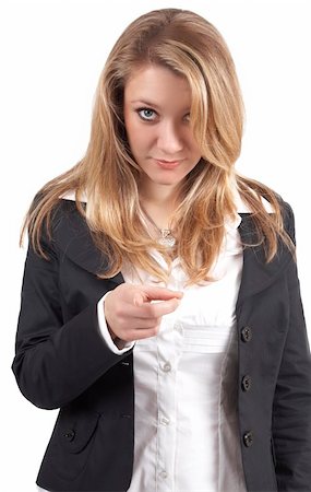 eye pointing - Beautiful blonde businesswoman wearing office clothes pointing finger at you. Isolated on white background Stock Photo - Budget Royalty-Free & Subscription, Code: 400-04107001