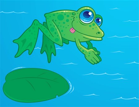 Vector drawing of a cute frog diving off of a lily pad into water. Drawn in a humorous cartoon style. Stock Photo - Budget Royalty-Free & Subscription, Code: 400-04108282