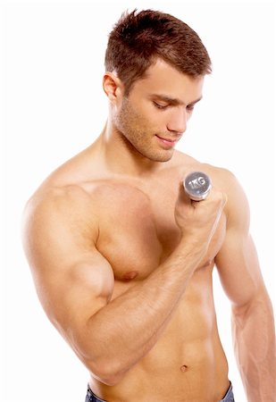 simsearch:400-04955198,k - Muscular and tanned male during excersing with dumbbells Stock Photo - Budget Royalty-Free & Subscription, Code: 400-04108921