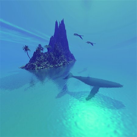 simsearch:400-04624755,k - A Humpback whale lies near a fantasy tropical island. Fotografie stock - Microstock e Abbonamento, Codice: 400-04109061