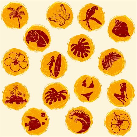 simsearch:400-04347146,k - Set of retro tropical buttons. Graphics are grouped and in several layers for easy editing. The file can be scaled to any size. Fotografie stock - Microstock e Abbonamento, Codice: 400-04109154