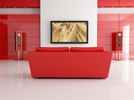 elegant tv room - red leather sofa in a modern living room with home theatre system - digital artwork Stock Photo - Budget Royalty-Free & Subscription, Code: 400-04100129