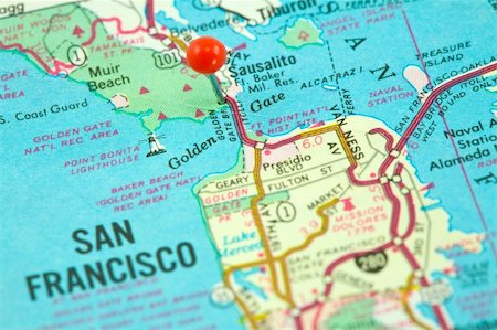 south12th (artist) - Map of San Francisco with Golden Gate Bridge Pinned and Focused Photographie de stock - Aubaine LD & Abonnement, Code: 400-04101886