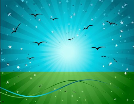 seagulls on a lawn - Magic meadow, illustration for your design Photographie de stock - Aubaine LD & Abonnement, Code: 400-04102282