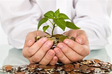 pile hands bussiness - Businessman holding plant sprouting from a handful of coins - good investment and money concept Stock Photo - Budget Royalty-Free & Subscription, Code: 400-04102756
