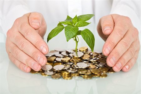 pile hands bussiness - Protecting a good investment and making money concept - businessman hands with plant sprouting from a pile of coins Stock Photo - Budget Royalty-Free & Subscription, Code: 400-04102759