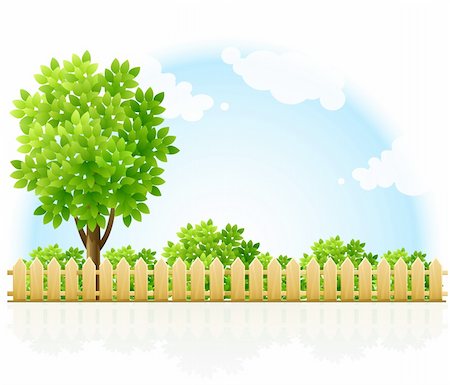 barriered garden territory with tree and green bushes - vector illustration Stockbilder - Microstock & Abonnement, Bildnummer: 400-04102909
