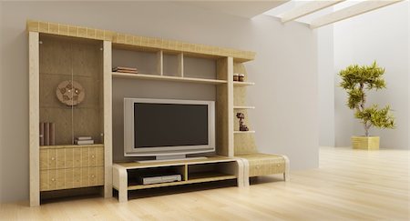 flat tv on wall - 3d interior with modern bookshelf with TV Stock Photo - Budget Royalty-Free & Subscription, Code: 400-04103583