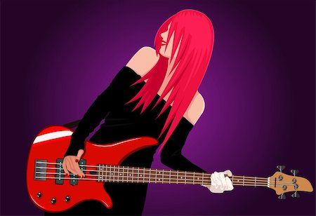 rock music clip art - Vector illustration of smiling rock girl with red bass guitar Foto de stock - Super Valor sin royalties y Suscripción, Código: 400-04114717
