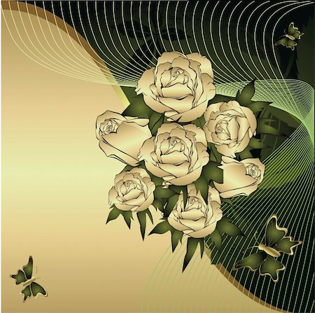 Gold rose on a gold background with a green wave and the butterfly Stock Photo - Budget Royalty-Free & Subscription, Code: 400-04114975