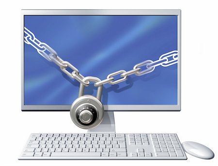 protect virus computer 3d - Isolated illustration of a computer secured with a large chain and padlock Stock Photo - Budget Royalty-Free & Subscription, Code: 400-04116135