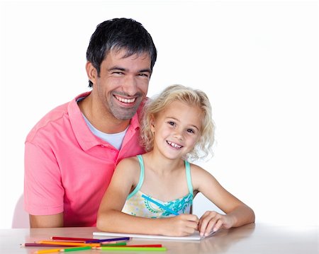 father daughter school - Daughter and father drawing at home looking at the camera Stock Photo - Budget Royalty-Free & Subscription, Code: 400-04116395