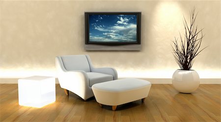 elegant tv room - 3d render of sofa and television on the wall Stock Photo - Budget Royalty-Free & Subscription, Code: 400-04116739