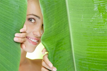 skincare leaf - portrait of young beautiful woman on green leafs back Stock Photo - Budget Royalty-Free & Subscription, Code: 400-04117287